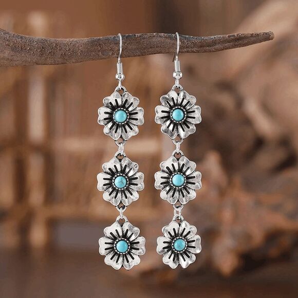 Boho Western Turquoise Flower Dangle Earrings - Picture 1 of 7